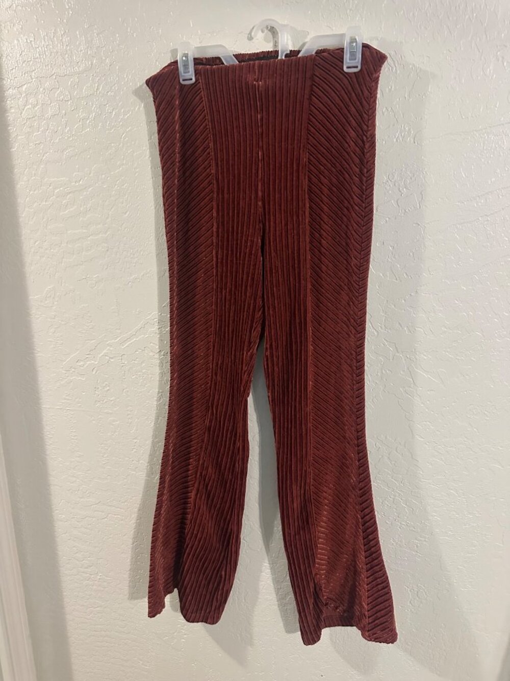 Free People Velvet High Rise Maroon Red Ribbed Bellbottom Pull on Pants - Picture 3 of 10